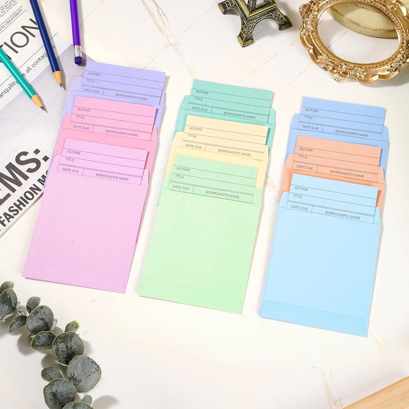 Whaline 180Pcs Library Pockets and Check Out Cards 9 Pastel Colors Due Date Note Card Colorful Self Adhesive Envelopes for Classroom Office Public Library Supplies - Image 4